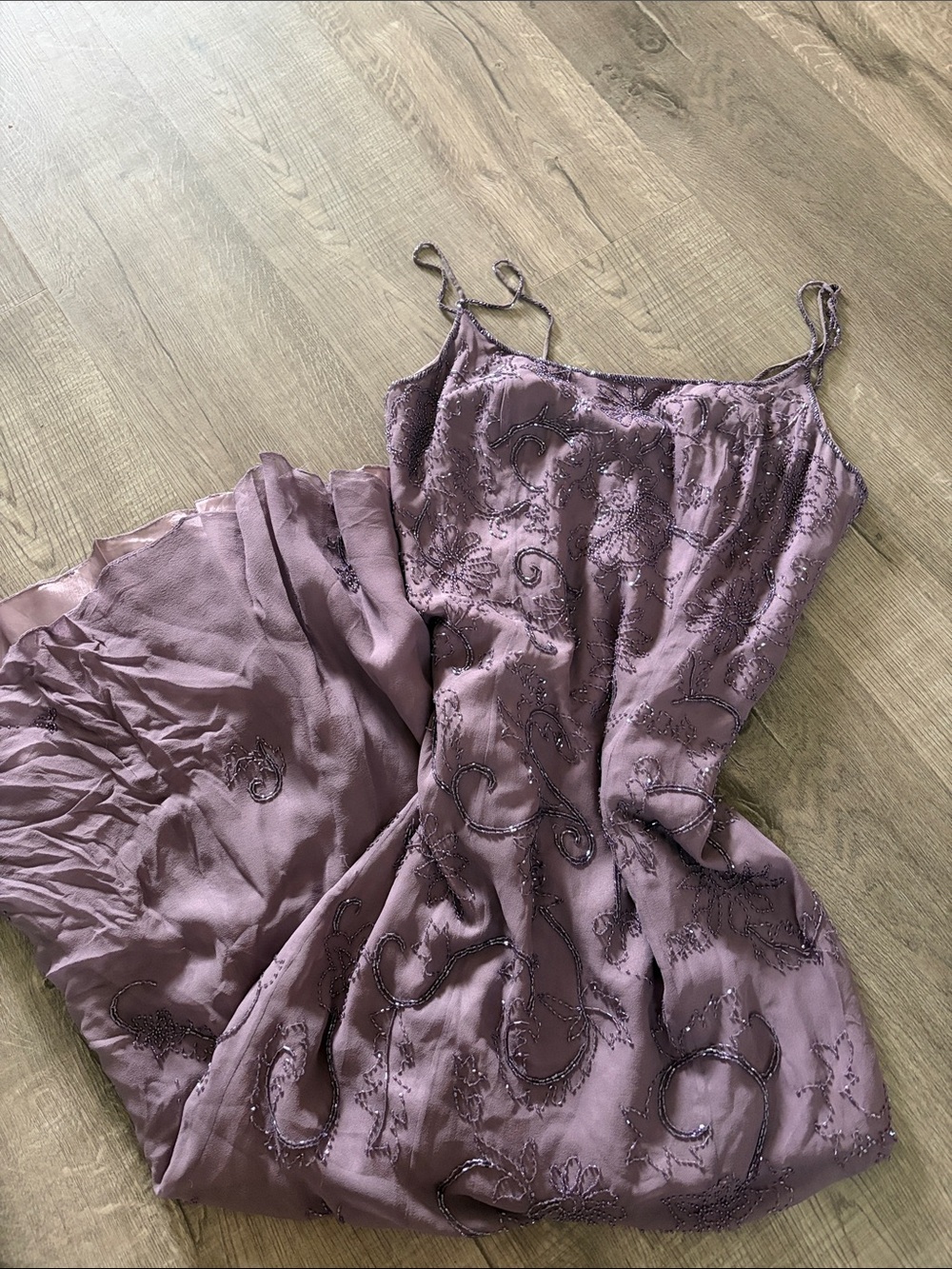 Mon Cheri Beaded Spaghetti-Strap Slip Dress in Dusty Mauve